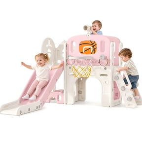DKMOCO 9-in-1 Toddler Slide, Climber Slide PlaySet with Basketball Hoop, Ring Toss, Telescope , Indoor Outdoor Playset Playground, Pink