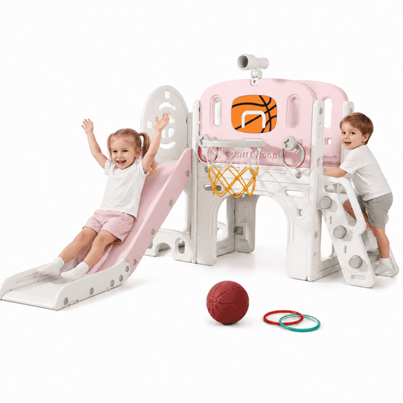 DKMOCO 9-in-1 Toddler Slide, Climber Slide PlaySet with Basketball Hoop, Ring Toss, Telescope , Indoor Outdoor Playset Playground, Pink