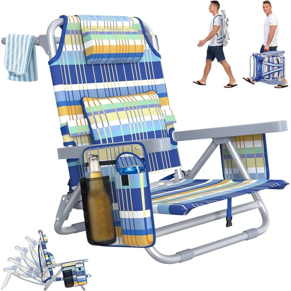 DKMOCO Beach Chair Folding Camping Chair for Adults, Portable Outdoor Lounge Chair with Cup Holder for Outside Lawn Patio, Rainbow Blue-Orange