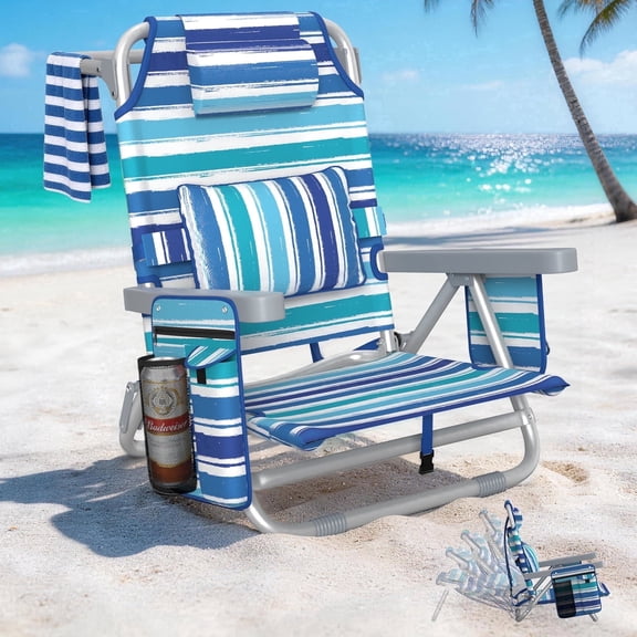DKMOCO Backpack Beach Chair Folding Camping Chair for Adults, Portable Outdoor Lounge Chair with Cup Holder for Outside Lawn Patio, Heavy Duty 6-Position Reclining, Blue-White Stripes