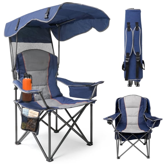DKMOCO Camping Chair with Canopy, Outdoor Folding Chair with Adjustable Sun Shade, Cup Holder, Side Pocket, Heavy Duty Portable Lawn Chair for Adults, Blue Gray
