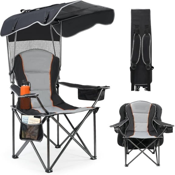 DKMOCO Camping Chair with Canopy, Outdoor Beach Chair with Adjustable Sun Shade Canopy, Folding Chair with Full Sun Protection, Black