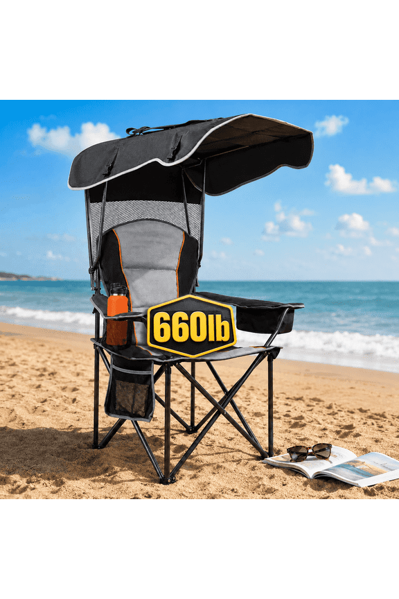 Camping Chair with Canopy, Outdoor Folding Chair with Adjustable Sun Shade, Heavy Duty Beach Chair with Cup Holder and Side Pocket, Portable Lawn Chair for Adults, Camping, Beach, Patio, Sport