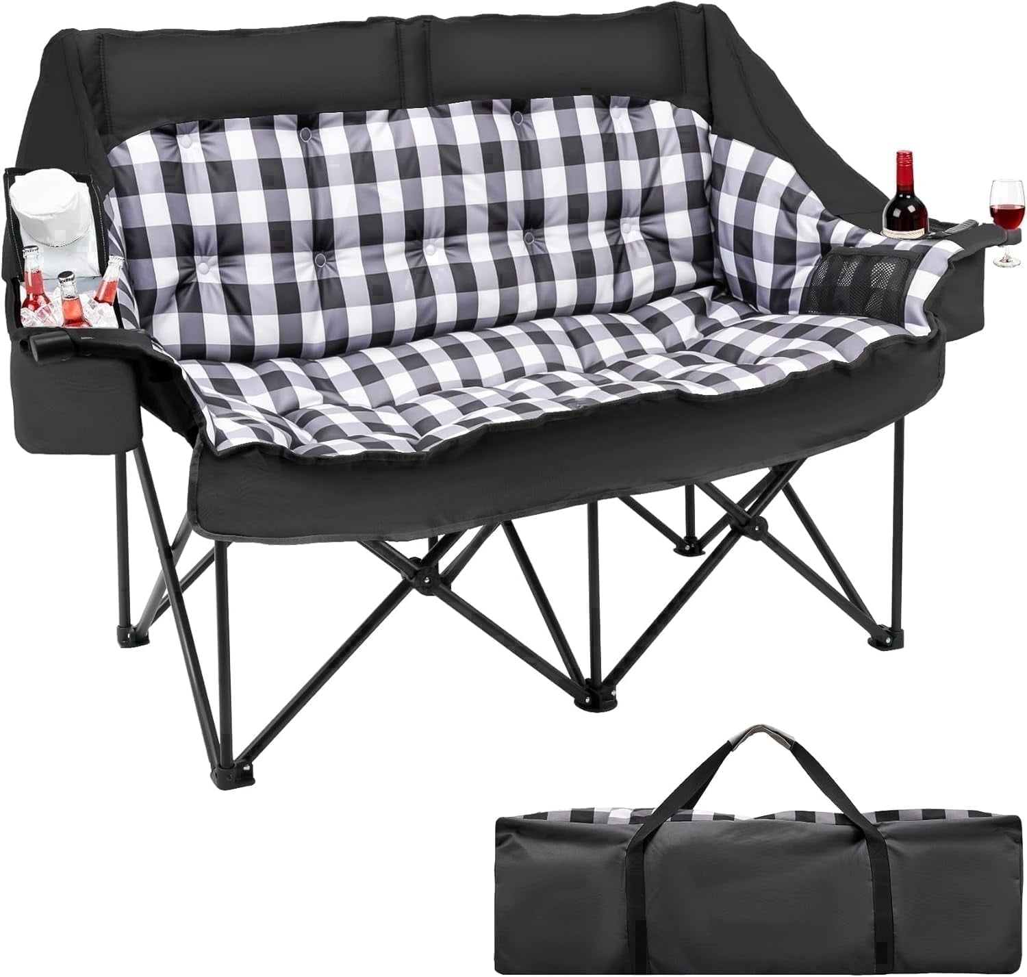 DKMOCO Oversized Padded Double Camping Chair Heavy Duty Folding Loveseat Supports up to 800 lb 2 Person Outdoor Lawn Chair with Cooler Bags and Wine Glass Holders