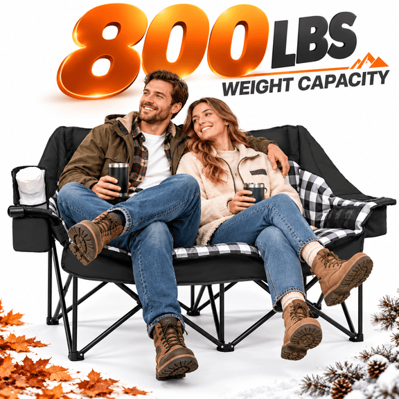 DKMOCO Oversized Padded Double Camping Chair Heavy Duty Folding Loveseat Supports up to 800 lb, 2 Person Outdoor Lawn Chair Set for Beach Camp Patio with Cooler Bags and Storage Bag