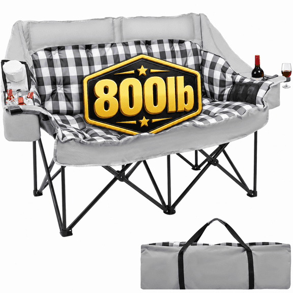 DKMOCO Oversized Padded Double Camping Chair Heavy Duty Folding Loveseat Supports up to 800 lb, 2 Person Outdoor Lawn Chair Set for Beach Camp Patio with Cooler Bags and Storage Bag