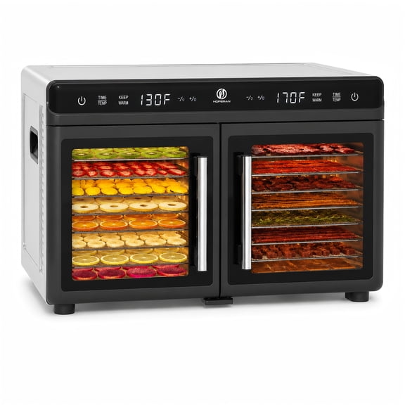 DKMOCO Dual Zone Food Dehydrator Machine, 16 Stainless Steel Trays, 1200W Jerky Maker with Independent Temperature & Timer Control, Keep Warm Mode for Fruits, Meats, Herbs & Dog Treats