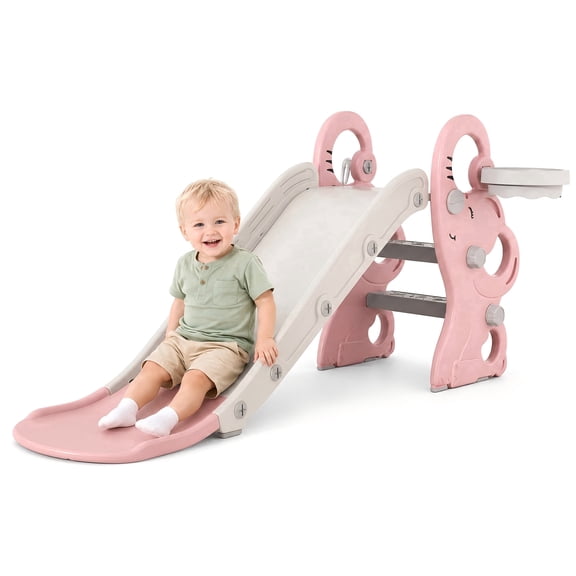 DKMOCO Foldable Toddler Slide, Kids Slide with Basketball Hoop & Ring Toss, Indoor Outdoor Playset for kids 1-3, Pink