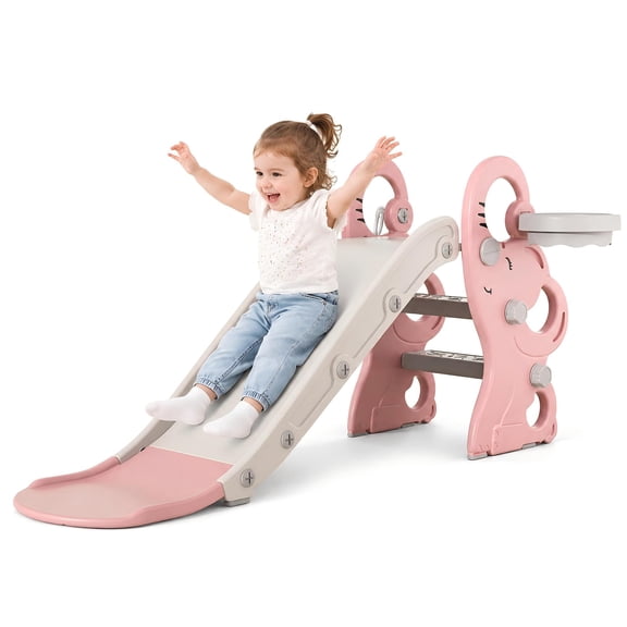 DKMOCO Foldable Toddler Slide, Kids Slide with Basketball Hoop & Ring Toss, Indoor Outdoor Playset for kids 1-3, Pink