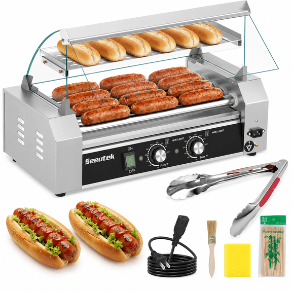 DKMOCO Hot Dog Roller, 5 Rollers 18 Hot Dogs Capacity Stainless Steel Sausage Grill Machine with Dual Temperature Control, Glass Hood and Bun Warmer Shelf
