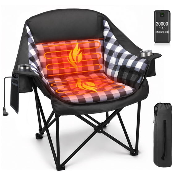 DKMOCO Oversized Folding Heated Camping Chair with 20000mAh Battery 3 Heat Levels 2 Heating Zones for Outdoor Sports Camping Lawn Black
