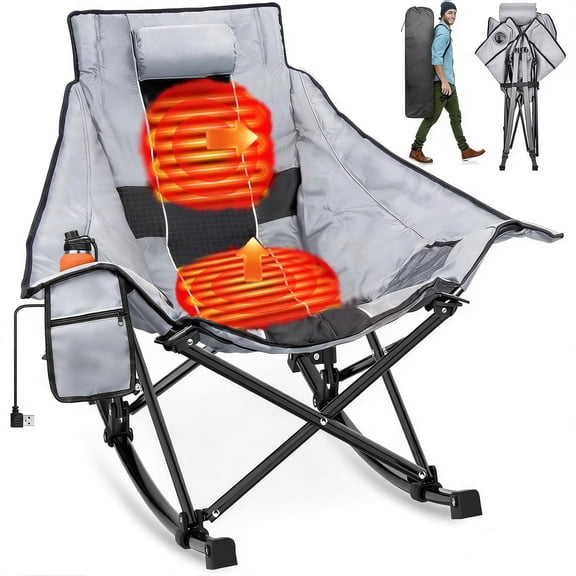 DKMOCO XL Oversized Heated Rocking Camping Chair for Adults,3 Heat Levels Heated,Cup Holder,600D Oxford,Heavy Duty 330 lbs Comfort Outside Rocker,Folding Lawn Chair with Back Support,Black Gray