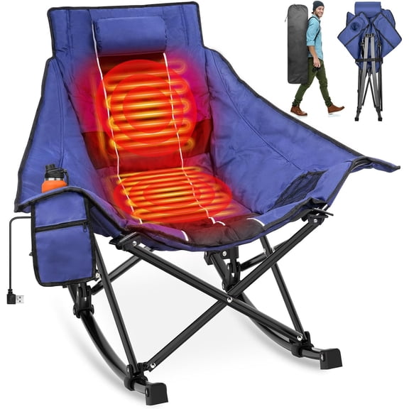 DKMOCO Oversized Heated Rocking Camping Chair, Camping Chair for Winter Outdoor WITHOUT 20000mAh Power Bank( Blue Black)