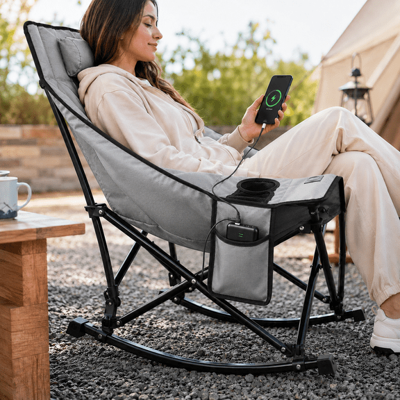 DKMOCO XL Oversized Heated Rocking Camping Chair for Adults,3 Heat Levels,Cup Holder,600D Oxford,Heavy Duty 330 lbs Rocker,Folding Chair with Back Support,Black Gray,20000mAh Power Bank