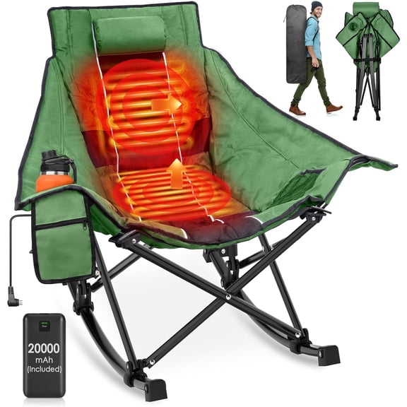 DKMOCO XL Oversized Heated Rocking Camping Chair for Adults,3 Heat Levels,Cup Holder,600D Oxford,Heavy Duty 330 lbs Rocker,Folding Chair with Back Support,Green Black,20000mAh Power Bank
