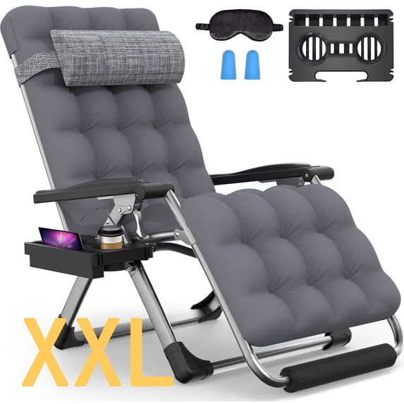 DKMOCO Oversized XXL Zero Gravity Chair, 33" Extra Wide Recline Chair w/Upgraded Lock and Wider Cup Holder, Camping Lawn Chair for Patio Outdoor Office (Fossil Gray)