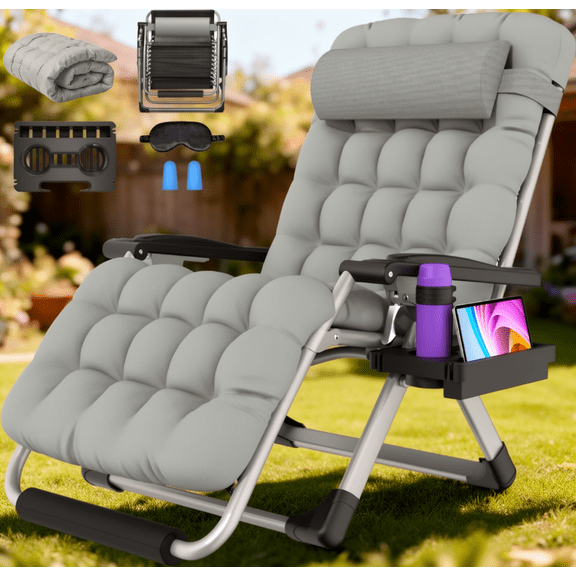 DKMOCO Oversized XXL Zero Gravity Chair, 33" Extra Wide Recline Chair w/Upgraded Lock and Wider Cup Holder, Camping Lawn Chair for Patio Outdoor Office (Gray)