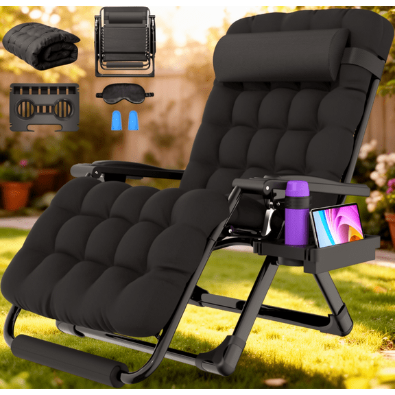 DKMOCO Padded Zero Gravity Chair 33in Extra wide Lawn Chairs Oversize Outdoor Chairs Plastic w/ Cup Holder For Outside Patio Office Black