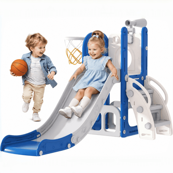 DKMOCO Toddler Slide, 6-in-1 Kids Slide with Basketball Hoop and Telescope, Outdoor Indoor Playset for todders 1-3, Blue Gray
