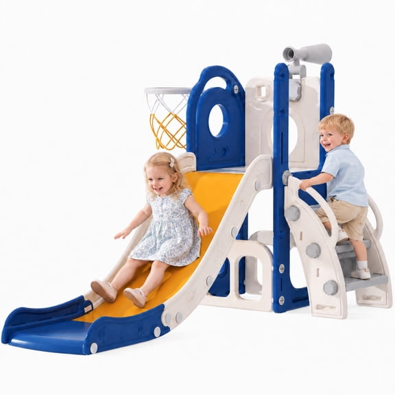 DKMOCO 6-in-1 Toddler Slide, Kids Slide with Basketball Hoop & Telescope, Indoor Outdoor Playset for Toddlers 1-3, Blue Yellow