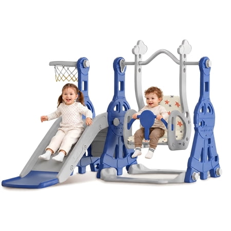 DKMOCO 4-in-1 Toddler Slide and Swing Set, Indoor Outdoor Kids Playground with Basketball Hoop, Climber Activity Playset for Toddlers Ages 1-2, Blue Gray