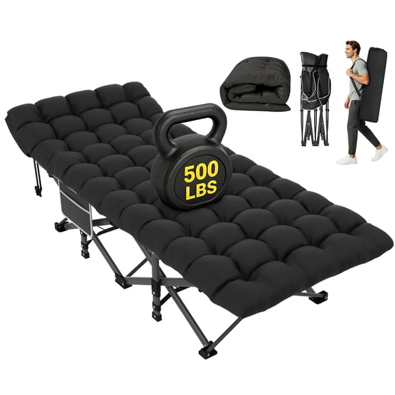 DKMOCO XL Folding Camping Cot with Mattress & Carry Bag, 28" x 75" 500lbs Heavy Duty Portable Sleeping Cot Bed for Adults, Home Office Guest Outdoor Camping Travel, Black Cot Black Pad