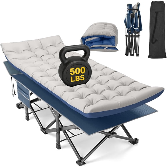 DKMOCO XXL Folding Camping Cot with Mattress for Adults,32" x 79" 500lbs Capacity Portable Bed with Carry Bag, for Office Home Nap, Outdoor,CampingBlue Cot+Blue Gray Pad)