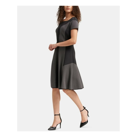 DKNY $129 Womens New 1145 Black Color Block Knee Length A-Line Dress S B+B