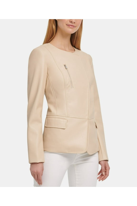 $139 Womens New 0155 Beige Faux Leather Blazer Casual Jacket L B+B