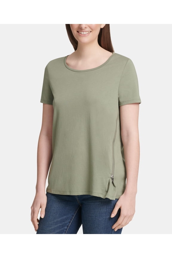 $49 Womens New 0017 Green Zippered Short Sleeve Jewel Neck Casual Top M B+B