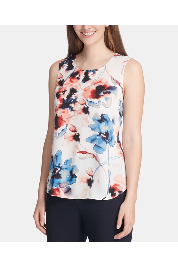 $59 Womens New 0165 White Floral Sleeveless Crew Neck Tank Casual Top S B+B