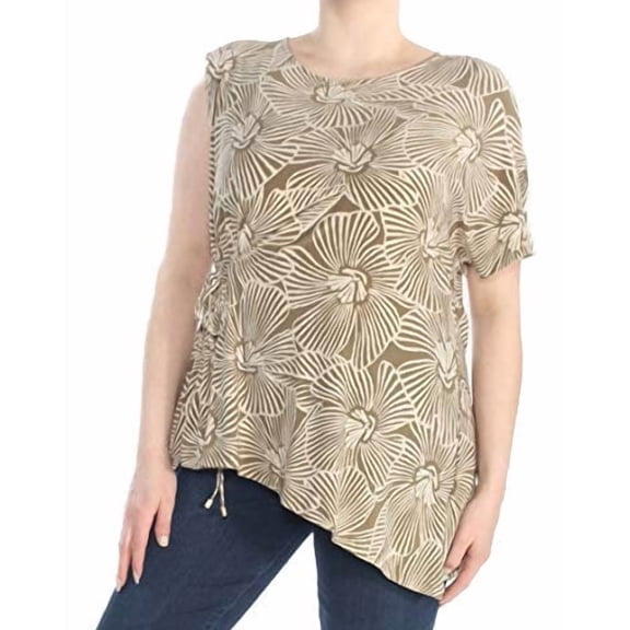 DKNY $69 Womens New 1406 Green Printed Jewel Neck Short Sleeve Hi-Lo Top S B+B