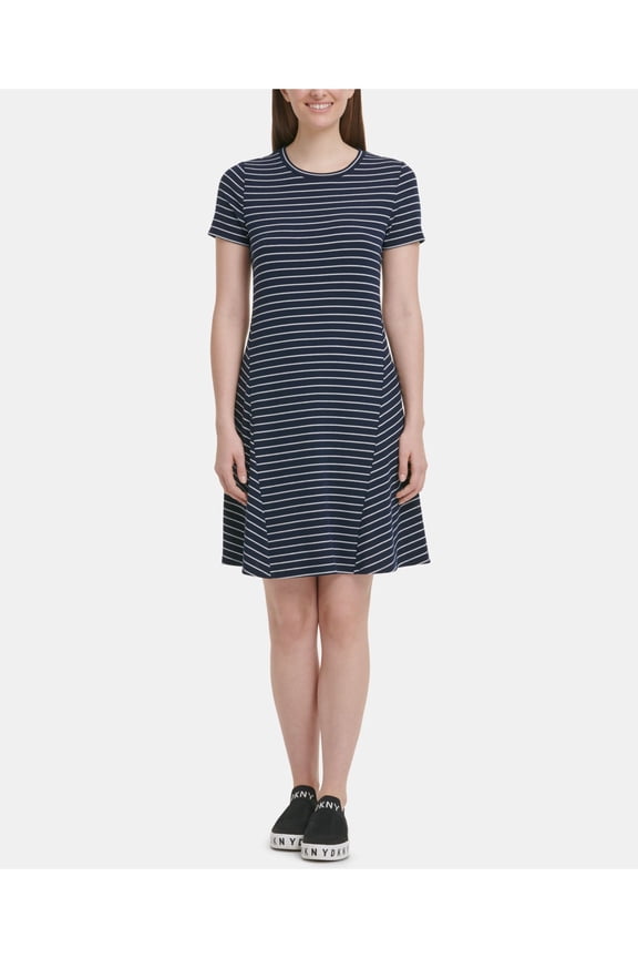 $89 Womens New 0109 Navy Striped Crew Neck Shirt Dress S B+B