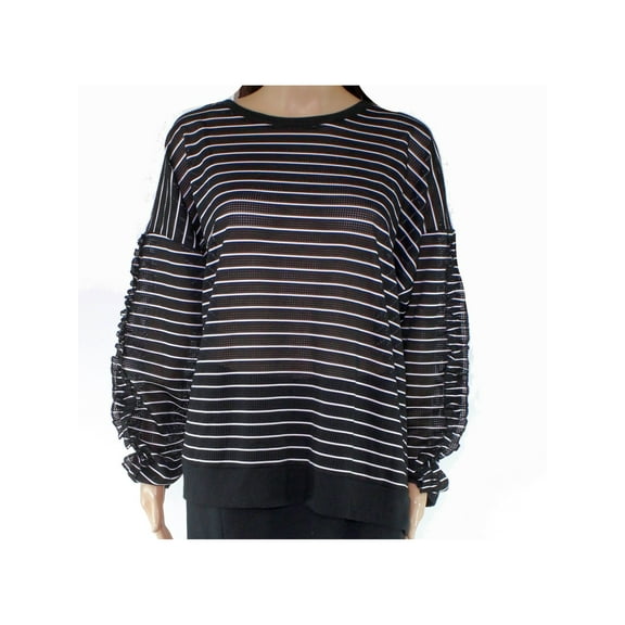 DKNY $89 Womens New Black Striped Mesh Crew Neck Long Sleeve Casual Top XL B+B
