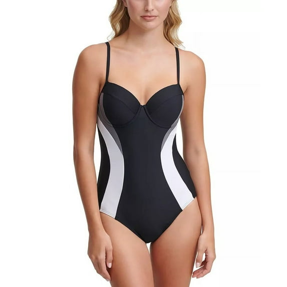 DKNY BLACK Colorblocked Tummy-Control Underwire One-Piece Swimsuit, size- US 14, women