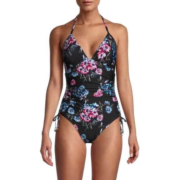 DKNY BLACK FLORAL Floral-Print Halterneck One-Piece Swimsuit, US 14