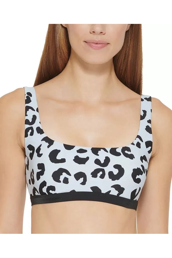 BLACK LEOPARD LIGHT BLUE Leopard-Print Bikini Swim Top, US Medium