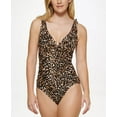 thumbnail image 1 of DKNY BLACK MULTI Ruffle Plunge Underwire Tummy-Control One-Piece Swimsuit, US 14, 1 of 4