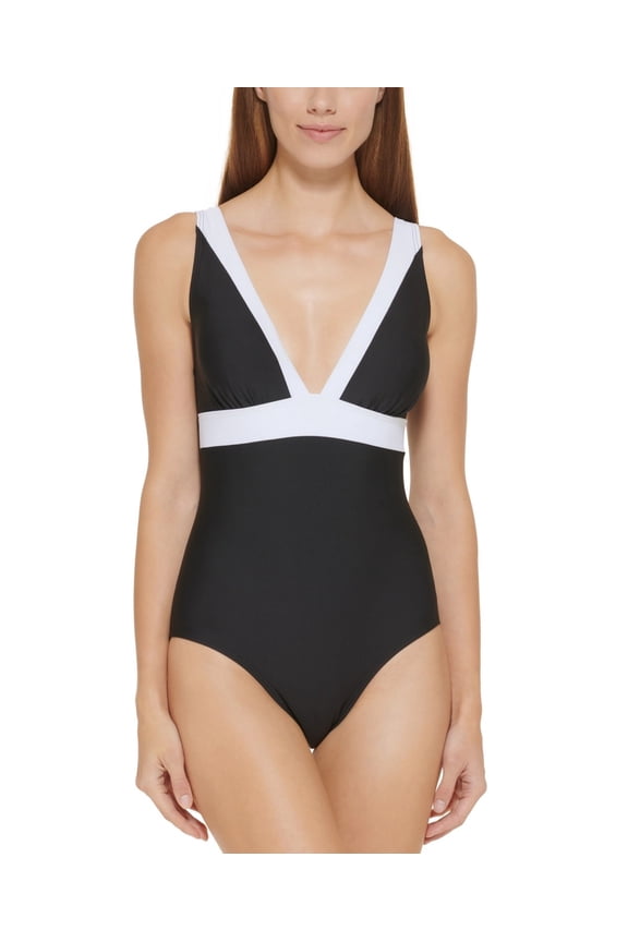 BLACK Plunging Colorblocked One-Piece Swimsuit, US 10