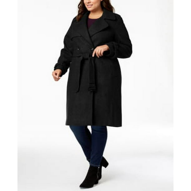 DKNY BLACK Women's Plus Size Double-Breasted Wool Blend Trench