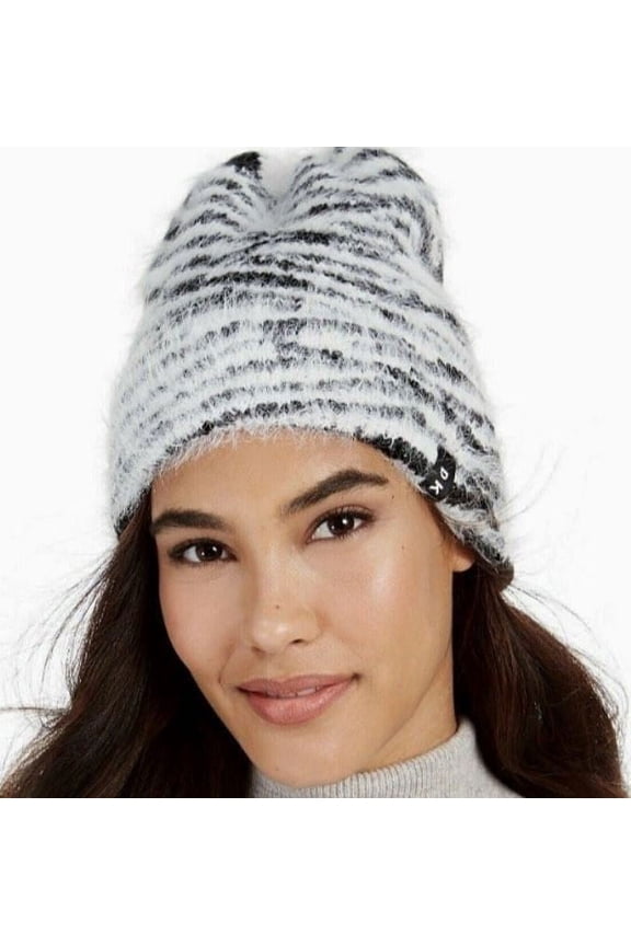 Black/White Fuzzy Animal Print Beanie, One Size