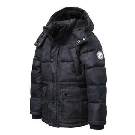 DKNY Boys' Full Zip Quilted Fleece Lined Hooded Parka Jacket, Black Camo M 10/12