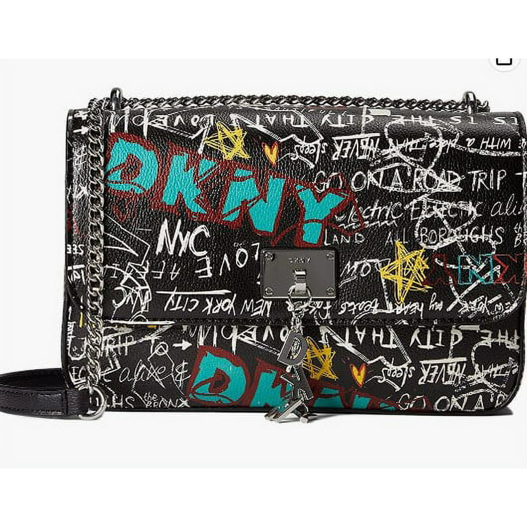 NWT Original DKNY Cleo Flap Phone Crossbody Bag Black Charm Dangle Letters  Gold