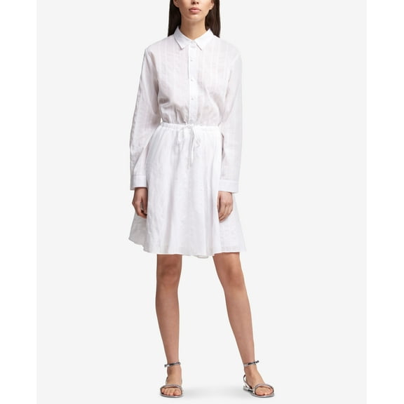 DKNY Cotton Striped Drawstring Waist Shirtdress White XS