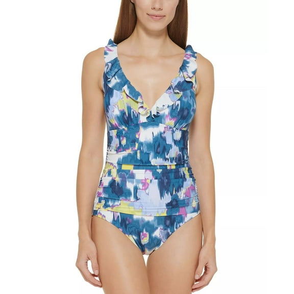 DKNY FLORAL BLUE MULTI Ruffle Plunge Tummy-Control One-Piece Swimsuit, US 4