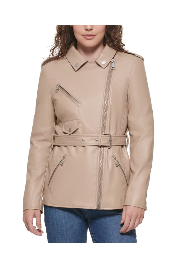 Faux Leather Belted Moto Jacket Mushroom XL