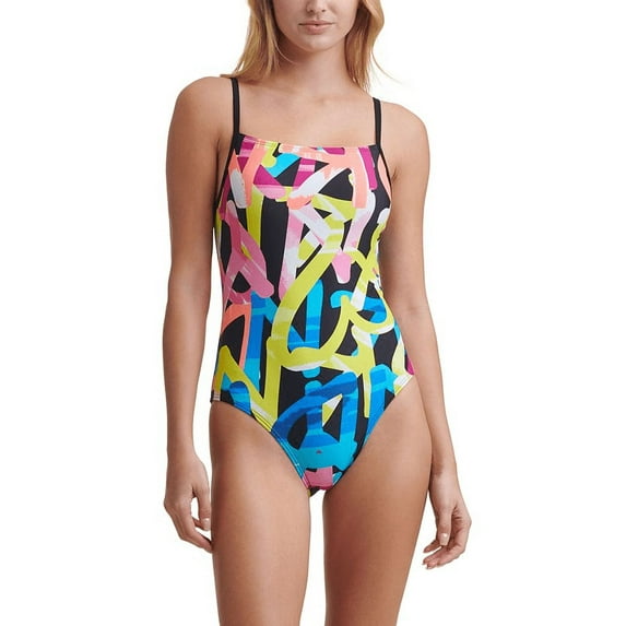 DKNY GRAFITTI Logo Printed One Piece Swimsuit, US X-Small