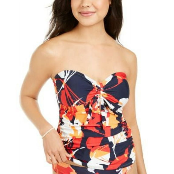 DKNY HERITAGE NAVY FLORAL Printed Tie-Front Strapless Tankini Top, US X-Small