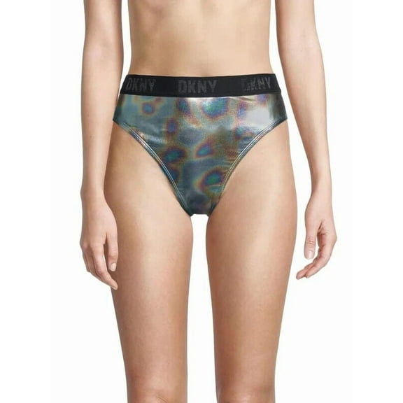 DKNY Women's Standard High Waisted Full Coverage Bikini Bottom, Black Multi, Large