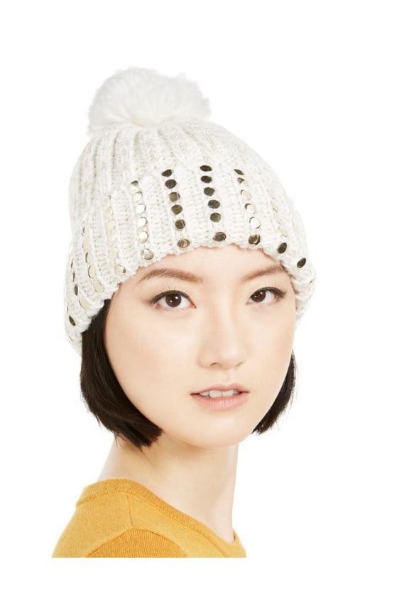 Ivory and Gold Flat-Stud Metallic Rib-Knit Beanie, One size